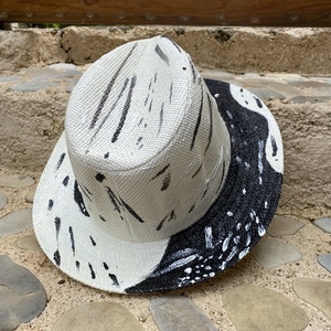 Ψάθινο καπέλο ζωγραφιστό - Black and white - ζωγραφισμένα στο χέρι, απαραίτητα καλοκαιρινά αξεσουάρ, ψάθινα - 4
