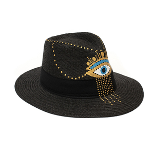 Maui μαύρο χειροποίητο καπέλο Παναμά με χρυσό μάτι και boho σχέδια - μάτι, ψάθινα
