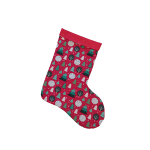 Χριστουγεννιάτικη διακοσμητική κάλτσα κόκκινη με δεντράκια - ύφασμα, διακοσμητικά