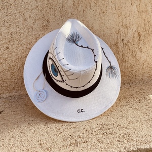 Καπέλο Panama - White evil eye - ζωγραφισμένα στο χέρι, απαραίτητα καλοκαιρινά αξεσουάρ, ψάθινα - 3