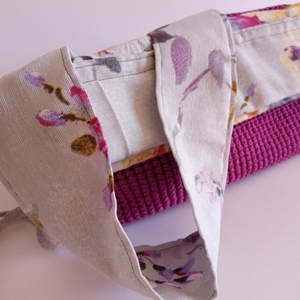 Γυναικεία χειροποίητη τσάντα ώμου μωβ πλεκτή με βελονάκι επενδυμένη με ύφασμα με λουλούδια - ύφασμα, νήμα, ώμου, φλοράλ, πλεκτές τσάντες - 3
