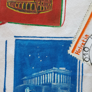 4 Ήπειροι με γραμματόσημα και αξιοθέατα. Ζωγραφισμένο στο χέρι Ανδρικό κοντομάνικο t-shirt. 100% βαμβάκι. Μέγεθος (L) - ζωγραφισμένα στο χέρι, 100% βαμβακερό - 3