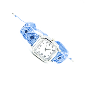 Vintage Ατσάλινο Τετράγωνο ρολόι με λουράκι macrame και ακατέργαστο ζαφείρι, γαλάζιο χρώματος. - δέρμα, ημιπολύτιμες πέτρες, μακραμέ, ατσάλι