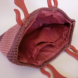Γυναικεία χειροποίητη πλεκτή τσάντα χειρός με κοκκάλινα χερούλια σε ροζ-σάπιο μήλο - νήμα, all day, χειρός, πλεκτές τσάντες - 4
