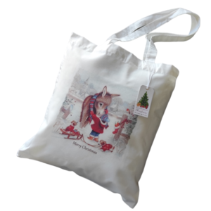 Χριστουγεννιάτικη λευκή υφασμάτινη tote bag με μακρύ χερούλι "Christmas donkey"37χ41εκ. - ύφασμα, vintage, λευκά είδη