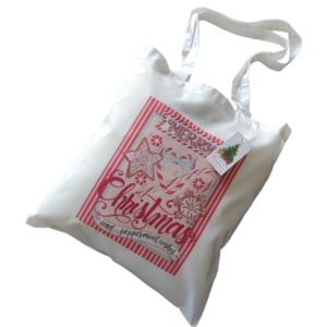 Χριστουγεννιάτικη λευκή υφασμάτινη tote bag με μακρύ χερούλι "Pink Merry Christmas"37χ41εκ. - ύφασμα, vintage, λευκά είδη