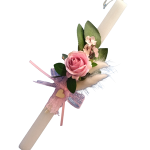 Λαμπάδα λευκή με pampas και ροζ τριαντάφυλλο - κορίτσι, λουλούδια, λαμπάδες, για ενήλικες, για εφήβους