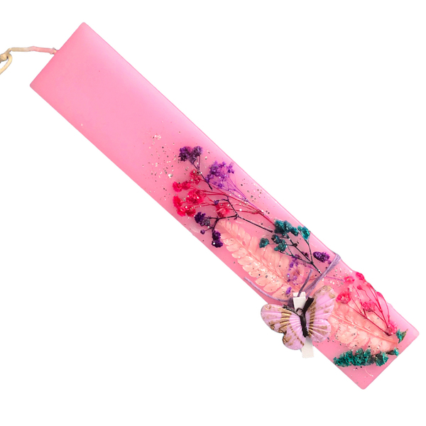 Ροζ λαμπάδα με αποξηραμένα λουλούδια και γκλίτερ. - Διαστάσεις λαμπάδας: 25*4,5 εκ. - κορίτσι, λουλούδια, λαμπάδες, για εφήβους - 3