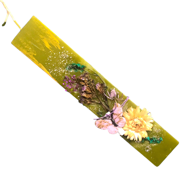 Πράσινη λαμπάδα με αποξηραμένα λουλούδια και γκλίτερ. - Διαστάσεις λαμπάδας: 25*4,5 εκ. - κορίτσι, λουλούδια, λαμπάδες, για εφήβους - 3