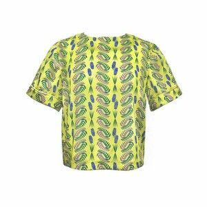 Robin T-Shirt - Σατέν Kοντομάνικο Τοπ με Πολύχρωμο Μοτίβο Flora Lime - πολυεστέρας, crop top - 4