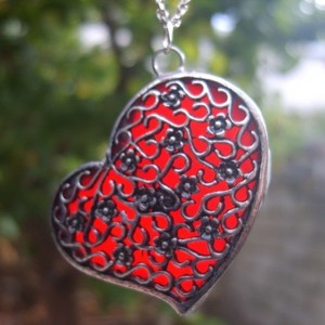 Κόκκινη Καρδιά Μενταγιόν Βιτρώ - γυαλί, χαλκός, καρδιά, διπλής όψης, romantic, μακριά, μενταγιόν - 3