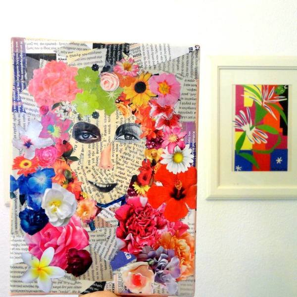 Πίνακας collage "flowers on my head" - πολύχρωμο, διακοσμητικό, χρωματιστό, ιδιαίτερο, πίνακες & κάδρα, καμβάς, χαρτί, επιτοίχιο, λουλούδια, decor, ακρυλικό, φλοράλ, χαρούμενο, είδη διακόσμησης, είδη δώρου, boho - 2
