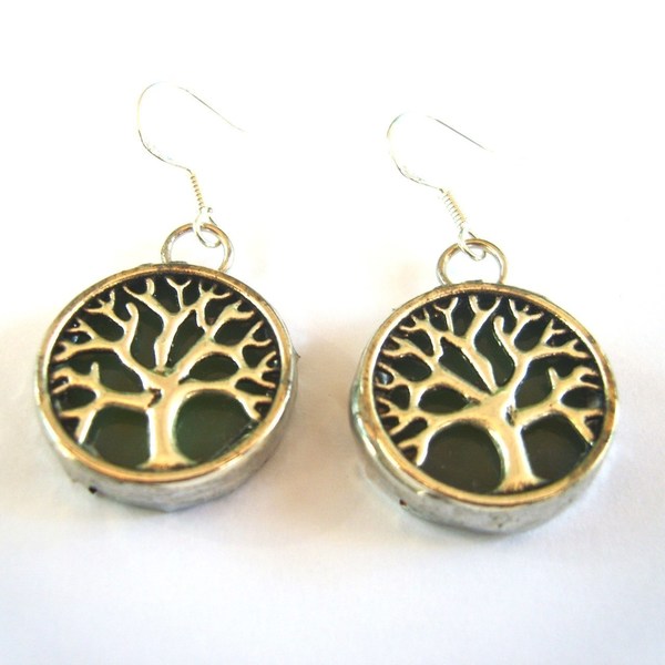 Δέντρο της Ζωής Σκουλαρίκια Βιτρώ - γυαλί, charms, ασήμι 925, δέντρα, διπλής όψης, χειροποίητα