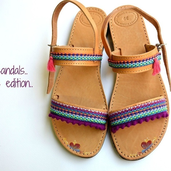 Γυναικεία σανδάλια Ethnic Style - δέρμα, καλοκαιρινό, boho, φλατ, ankle strap - 2