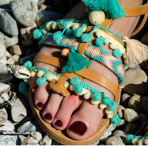 #Karma Beach# & #Βinalong Βay# Sandals - δέρμα, ημιπολύτιμες πέτρες, πολύχρωμο, καλοκαιρινό, με φούντες, σανδάλι, κοχύλι, pom pom, χειροποίητα, πέτρες, boho, ethnic, ankle strap - 3