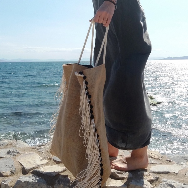 Tσάντα θαλάσσης με κρόσσια - ώμου, customized, χειροποίητα, μεγάλες, boho, κρόσσια, θαλάσσης, φθηνές - 3
