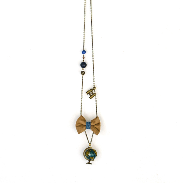 Αcross the Universe Necklace (κολιέ υδρόγειος σφαίρα) - κολιέ, μακρύ, ύφασμα, στυλ φιόγκος, φιόγκος, χειροποίητα, ιδιαίτερο, μέταλλο, ύφασμα, ημιπολύτιμες πέτρες, romantic, vintage, μακριά, charms