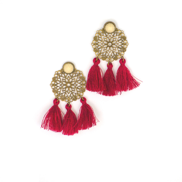 Wine Tassels Filigree Stud Earrings - σκουλαρίκια, με φούντες, boho, εντυπωσιακά, μέταλλο, πέτρες, με φούντες, faux bijoux, κρεμαστά, Black Friday
