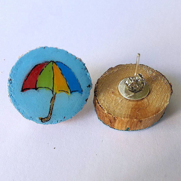 Stud earrings "Rainy Day". - handmade, ξύλο, γυαλί, ζωγραφισμένα στο χέρι, μοναδικό, δώρο, αγάπη, ακρυλικό, cute, σκουλαρίκια, χειροποίητα, πρωτότυπα, είδη δώρου, ξύλινο - 3