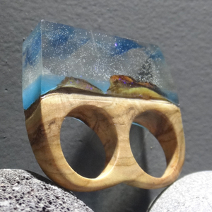 Ξύλινο Διπλό Δαχτυλίδι (ελιά-ρητίνη) "Underwater" - statement, ξύλο, ρητίνη, δαχτυλίδι, σταθερά, μεγάλα - 2