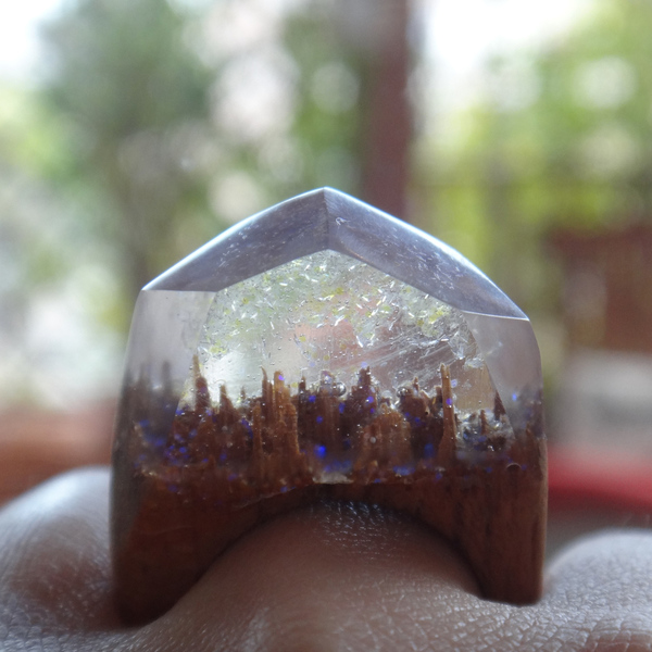 Ξύλινο Δαχτυλίδι “Twilight Forest” (RWR00022D) - statement, ξύλο, ρητίνη, δαχτυλίδι, ξύλινο, κερί, σταθερά, μεγάλα - 5