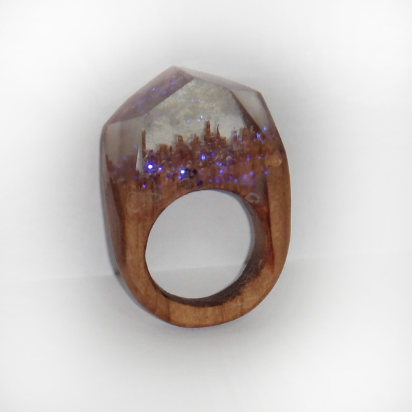 Ξύλινο Δαχτυλίδι “Twilight Forest” (RWR00022D) - statement, ξύλο, ρητίνη, δαχτυλίδι, ξύλινο, κερί, σταθερά, μεγάλα