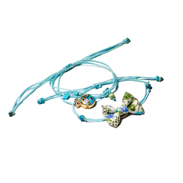 Bow Bracelets Set Blue Marine - ημιπολύτιμες πέτρες, χειροποίητα, στυλ φιόγκος, φιόγκος, romantic, σετ, ψάρι, φλοράλ, κερωμένα κορδόνια, βαμβάκι, αιματίτης, ημιπολύτιμες πέτρες, σμάλτος, ύφασμα, κορδόνια, αυξομειούμενα, charms, σετ κοσμημάτων, ψαράκι