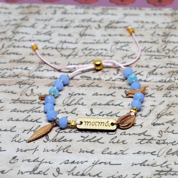 Βραχιόλι ''Μαμά'' blue opal V1530 - charms, κοχύλι, χάντρες, μαμά, φύλλο, romantic, οπάλιο, πουλάκι, αυξομειούμενα, φθηνά - 3