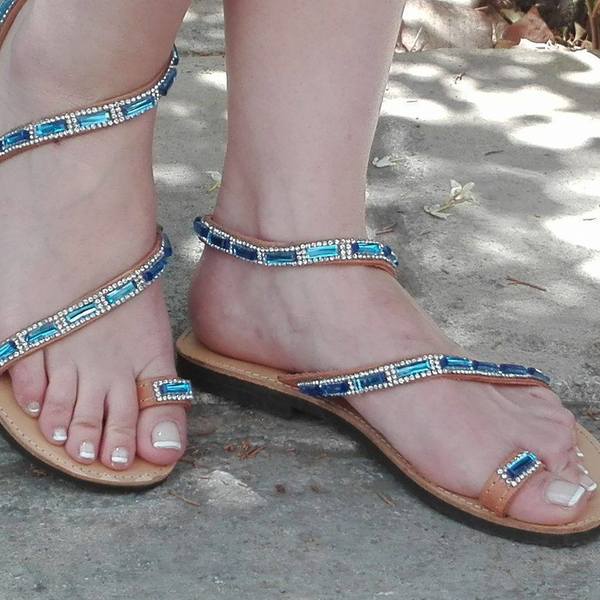 Δερμάτινα σανδάλια με εντυπωσιακά μπλε στρας - δέρμα, στρας, μοναδικό, καλοκαίρι, χειροποίητα, πέτρες, summer, must, φλατ, ankle strap - 2