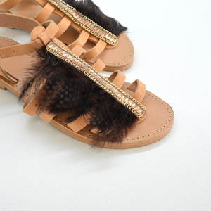 Africa chic sandals - δέρμα, στρας, φτερό, φτερό, boho, φλατ, ankle strap - 2