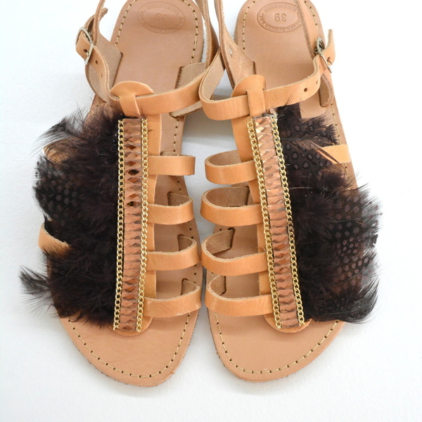 Africa chic sandals - δέρμα, στρας, φτερό, φτερό, boho, φλατ, ankle strap - 3