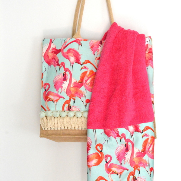 Stunning Flamingos bag - βαμβάκι, καλοκαίρι, ώμου, pom pom, summer, μεγάλες, παραλία, απαραίτητα καλοκαιρινά αξεσουάρ, boho, flamingos, θαλάσσης, φθηνές - 3