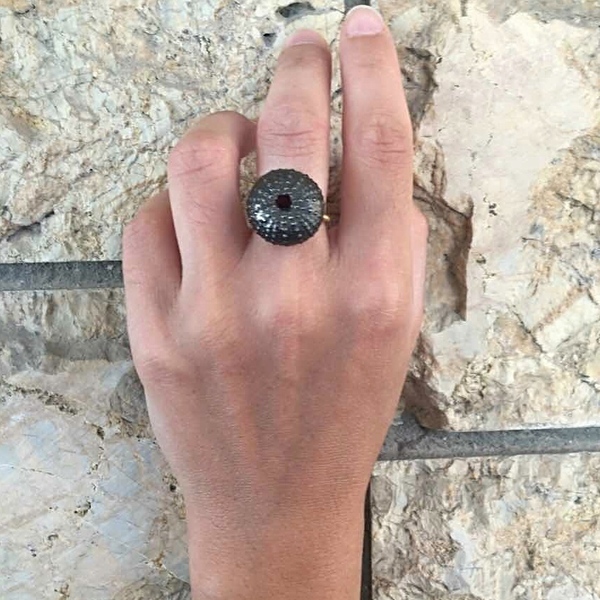 Black Urchin Ring-Ασημένιο Δαχτυλίδι Αχινός - statement, καλοκαιρινό, καλοκαίρι, ασήμι 925, κοχύλι, χειροποίητα, θάλασσα, αχινός, σταθερά, μεγάλα - 2