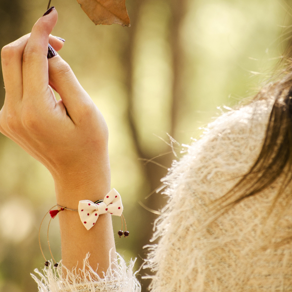 Red Polka Bow Bracelet - ύφασμα, φιόγκος, charms, ιδιαίτερο, πουά, χειροποίητα, set, romantic, σετ, αυξομειούμενα, φθηνά - 3