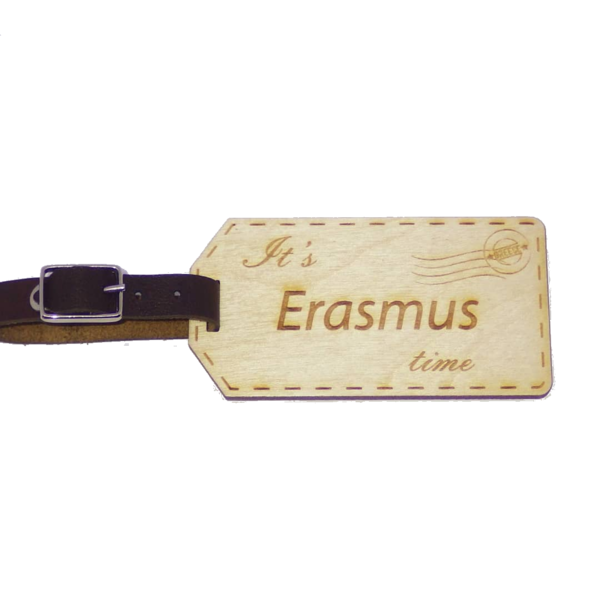 Ταμπελάκι για βαλίτσα ''It's Erasmus time'' (luggage tag) δώρο για erasmus - δέρμα, ξύλο, δώρο, μπρελόκ, τσάντα, ξύλινα
