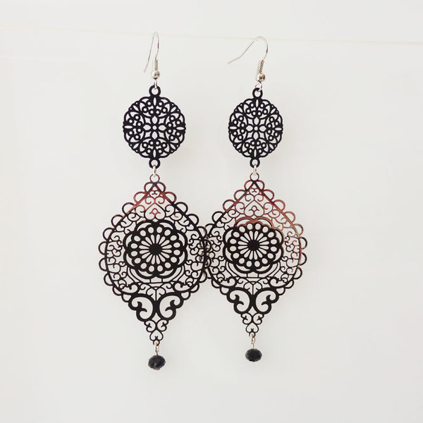 Black and silver earrings - ασημί, μοντέρνο, δώρο, σκουλαρίκια, εντυπωσιακά, μακριά, μπρούντζος - 2