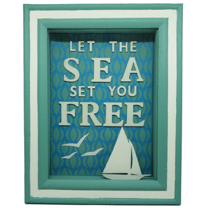 Τρισδιάστατο κάδρο με σλόγκαν "Let the sea set you free" - 3d, θάλασσα, καράβι, δώρο, διακοσμητικό, χειροποίητα, καλοκαίρι, τοίχου, πουλάκια, ξύλινο, ξύλο, υποαλλεργικό, πίνακες & κάδρα