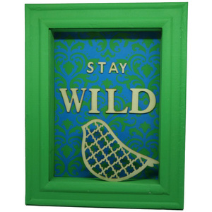 Τρισδιάστατο κάδρο με σλόγκαν "Stay wild" - μπλε, διακοσμητικό, ξύλο, πίνακες & κάδρα, δώρο, πουλάκια, τοίχου, γεωμετρικά σχέδια, χειροποίητα, 3d, ξύλινο, υποαλλεργικό