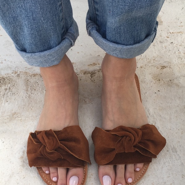 knot sandals brown - δέρμα, chic, vintage, minimal, boho, φλατ, slides - 4