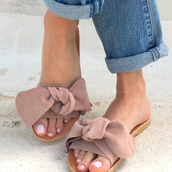 bow sandals beige - δέρμα, chic, vintage, μοντέρνο, street style, minimal, boho, φλατ, slides - 4