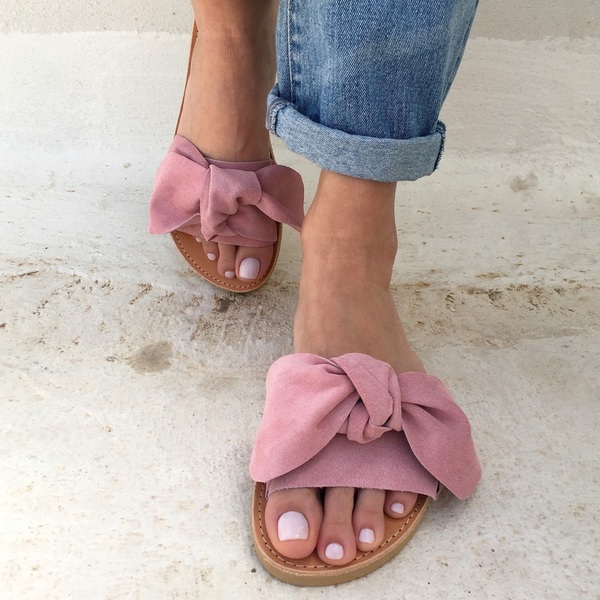 bow sandals light pink - δέρμα, chic, vintage, μοντέρνο, street style, romantic, minimal, boho, φλατ, slides - 5