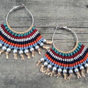 Makrame earrings - μοντέρνο, κορδόνια, κρίκοι, boho, ethnic, μεγάλα