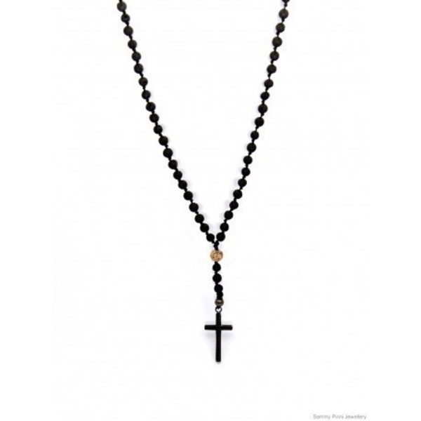 Ανδρικό ροζάριο Lava black/Jasper picture/inox cross - ανδρικά, ροζάριο, δώρα για άντρες, ατσάλι, σταυρός, λάβα, κολιέ, κρεμαστά