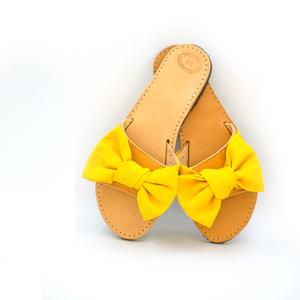 Yellow Bird Cocktail Sandals - φλατ, δέρμα, slides, boho, ethnic, romantic, φιόγκος
