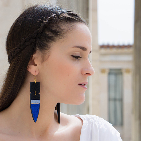 "Antigoni" - ancient greek fashion satement geometric earrings - χειροποίητα, μοναδικό, μοντέρνο, ξεχωριστό, ριγέ, γυναικεία, unique, fashion, statement, handmade, πηλός, ασήμι, minimal, γεωμετρικά σχέδια, μεγάλα σκουλαρίκια, μακριά - 4