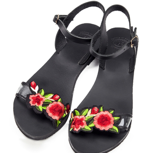 Florence sandals - δέρμα, κεντητά, λουλούδια, summer, φλοράλ, romantic, all day, μαύρα, boho, φλατ, ankle strap