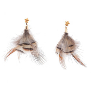 Μπόχο σκουλαρίκια με φτερά και χρυσά αστεράκια - statement, ορείχαλκος, ethnic, boho, φτερό, κρεμαστά