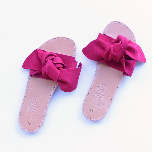 bow sandals red - δέρμα, ύφασμα, φλατ, slides - 2