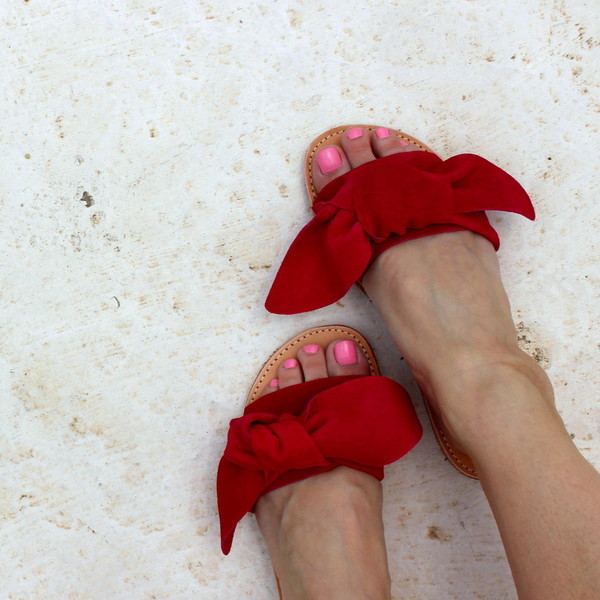 bow sandals red - δέρμα, ύφασμα, φλατ, slides