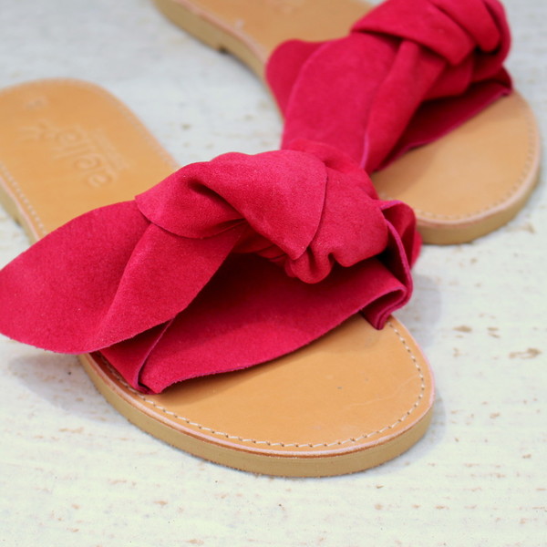 bow sandals red - δέρμα, ύφασμα, φλατ, slides - 3